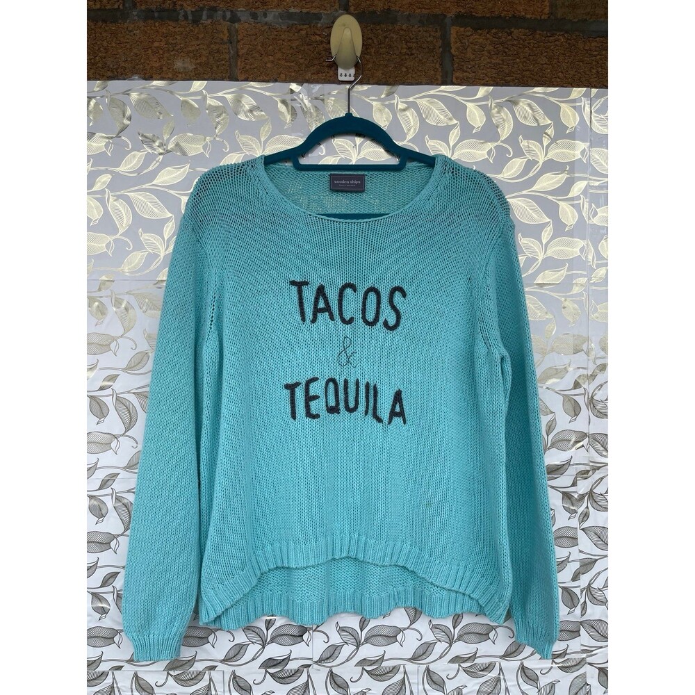 Wooden Ships Tacos & Tequila Knit Cotton Blend Sweater M/L Turquoise